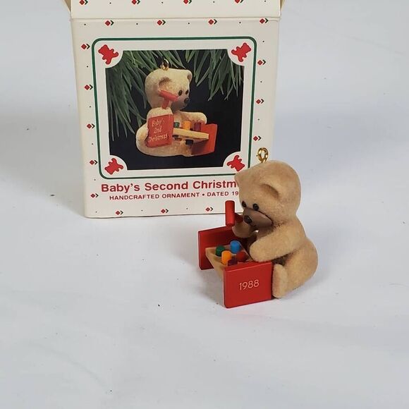 1988 Hallmark Keepsake “Baby’s Second Christmas” Ornament – Flocked Bear w/ Toy - Picture 2 of 4